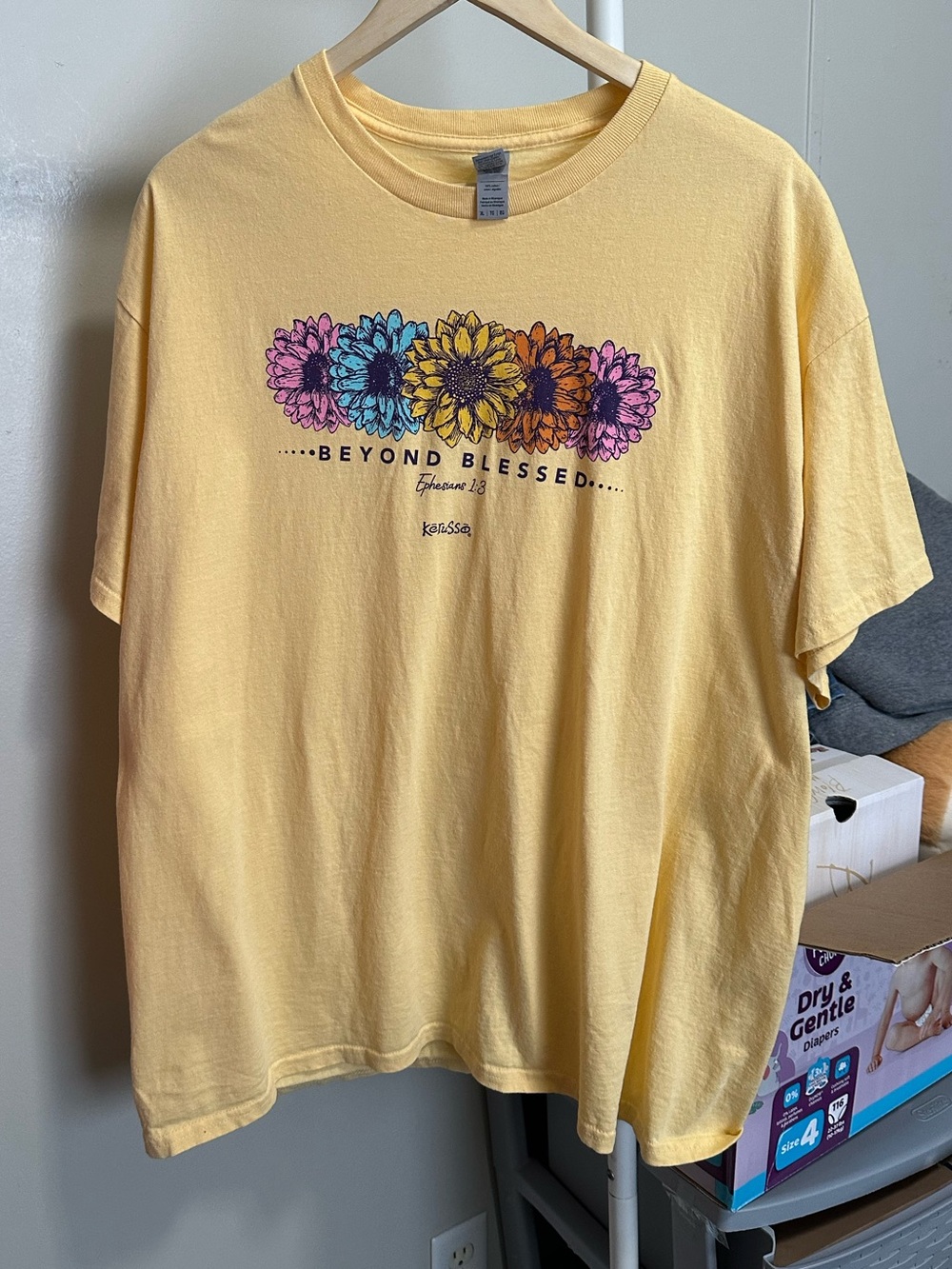 Yellow Floral Beyond Blessed Christian Shortsleeve Tee size XL